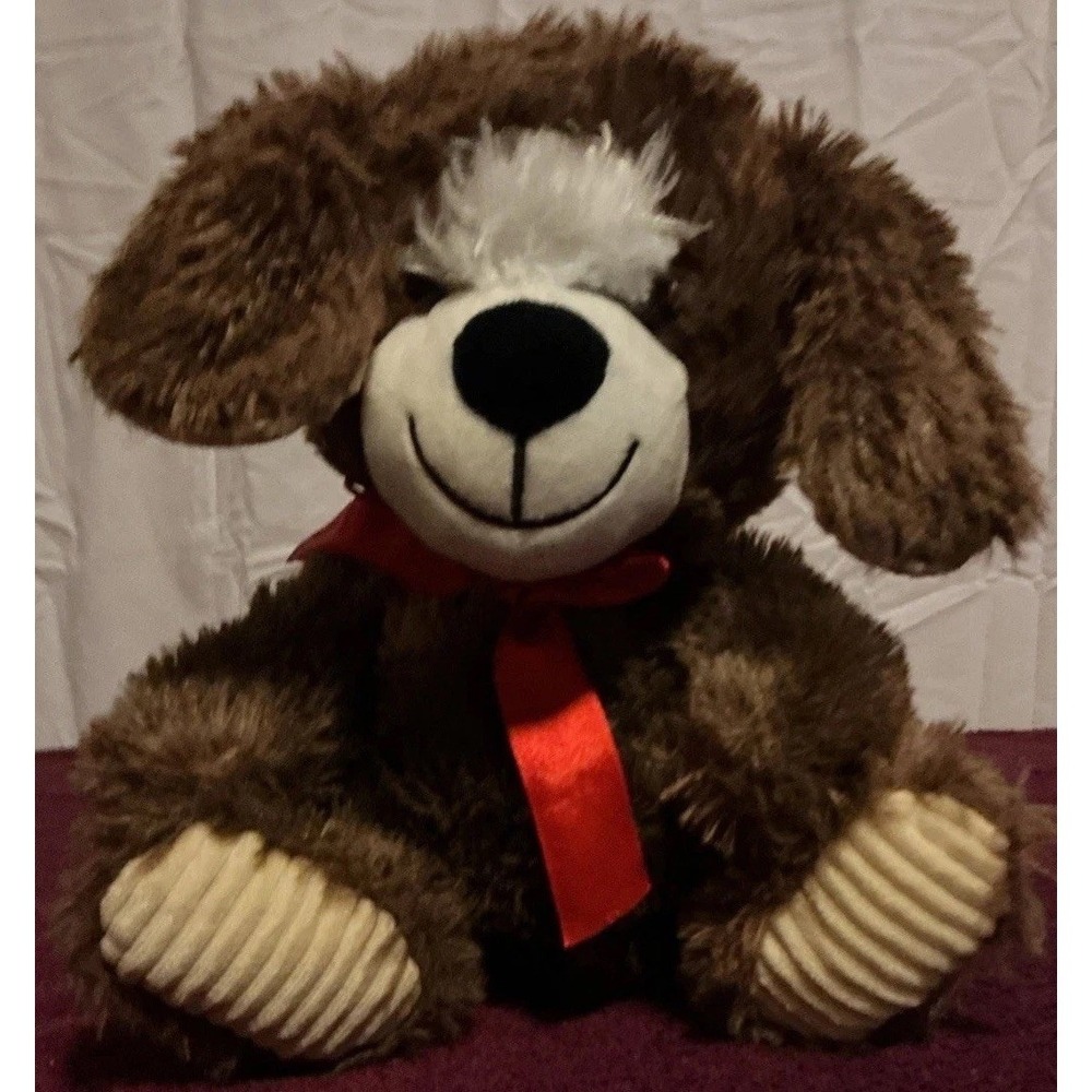 Dan Dee 10" Brown Puppy With Red Bow, White‎ Ribbed Paws And Inner Ears